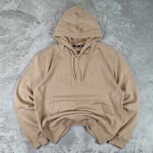 DKNY tan embossed logo casual loungewear pullover fleece hoodie mens Large
